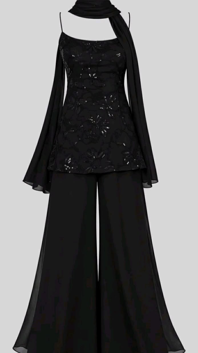 Women Black Sequin Embroidered Palazzo Suit