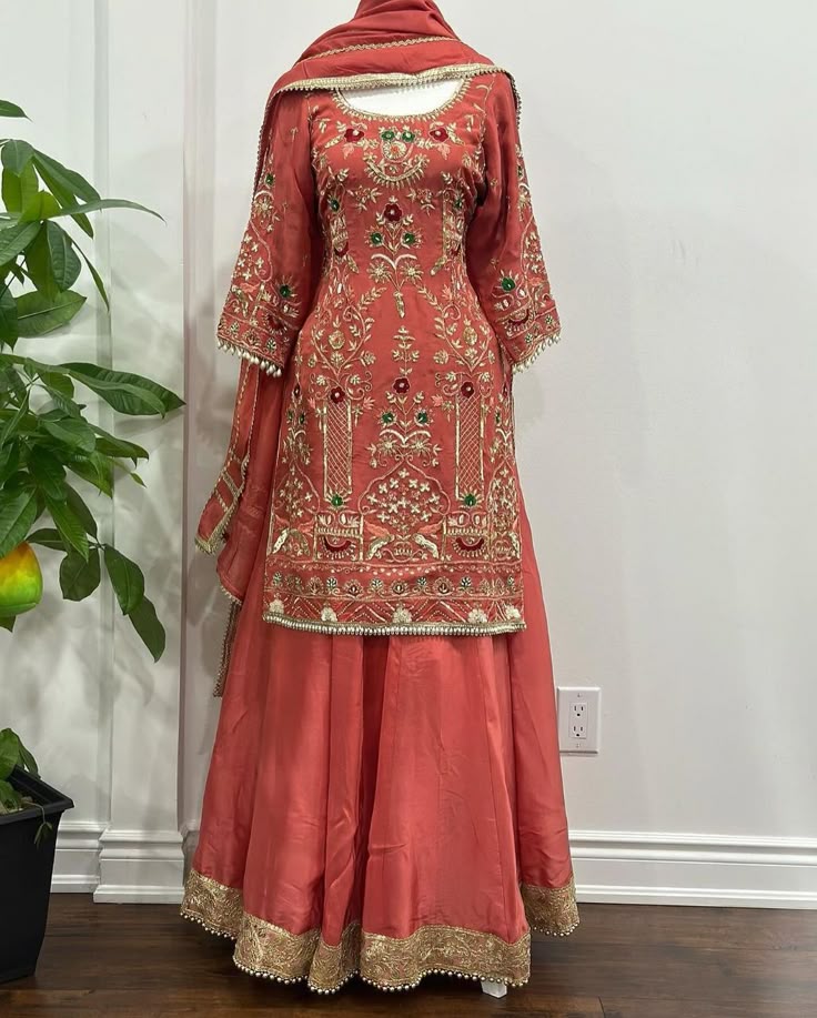 Women Rust Red Bridal Embroidered Sharara Suit