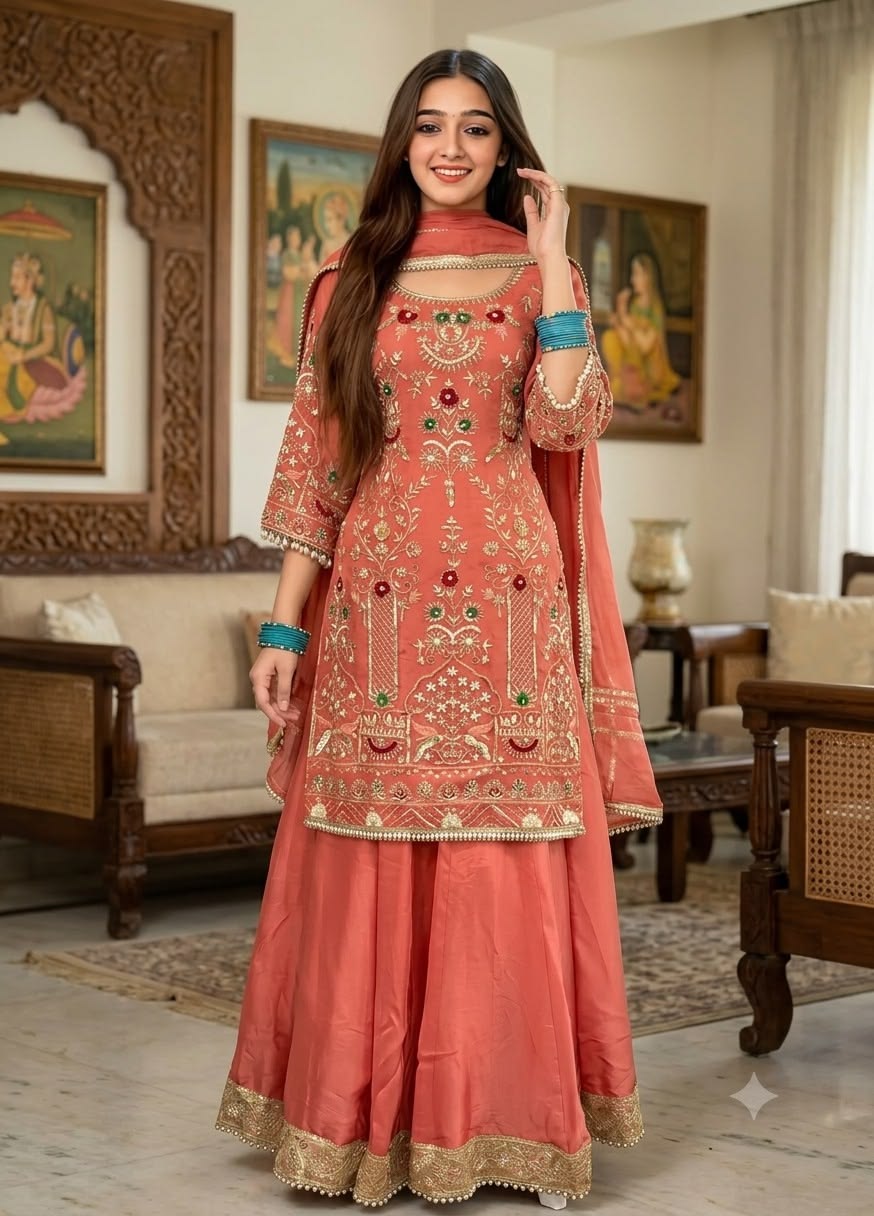 Women Rust Red Bridal Embroidered Sharara Suit