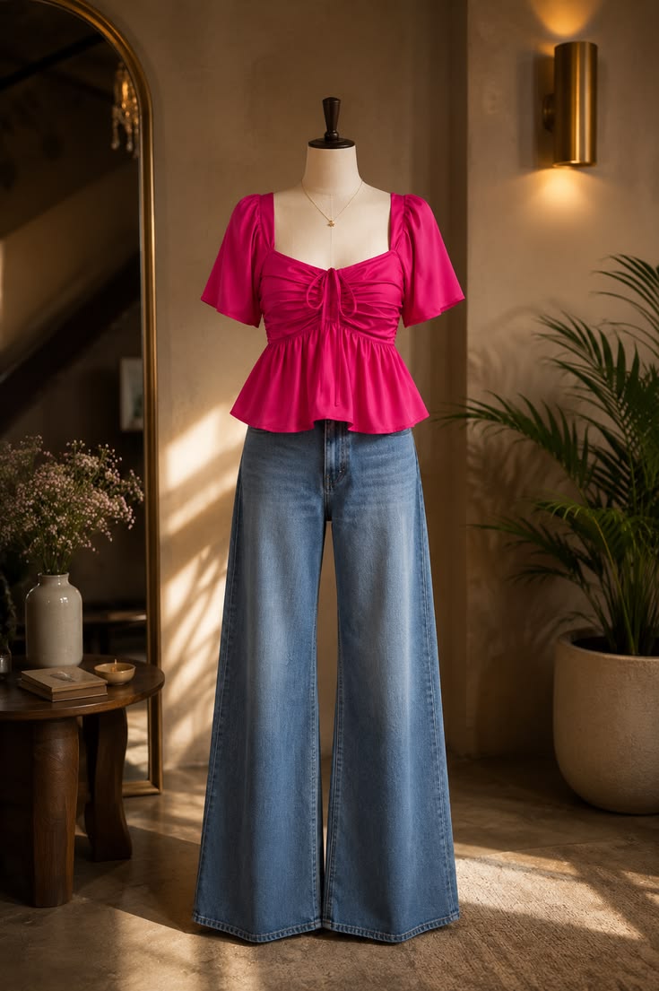 Pink Puff Sleeve Ruched Peplum Top