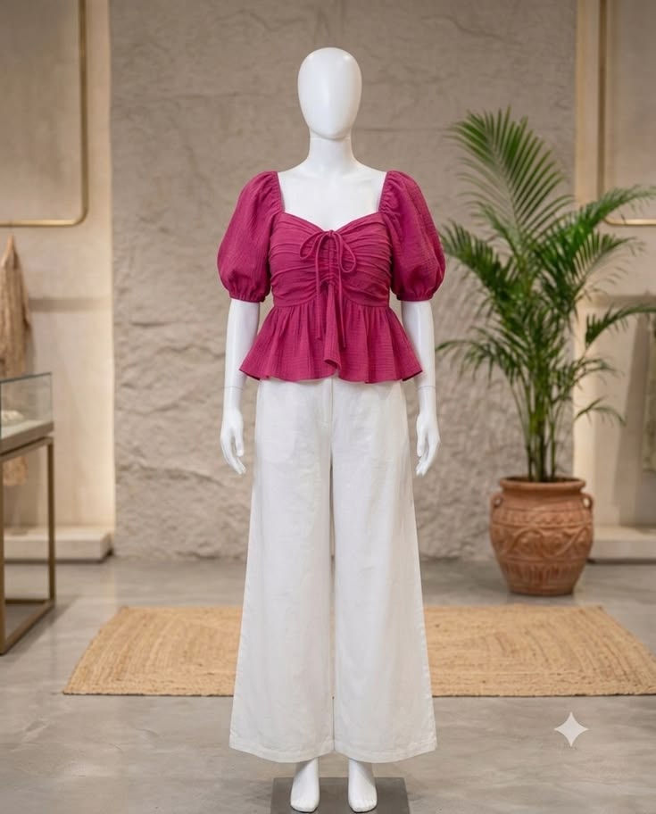Pink Puff Sleeve Ruched Peplum Top