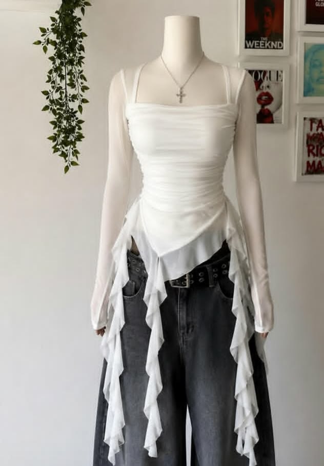 White Asymmetric Ruched Ruffle Top