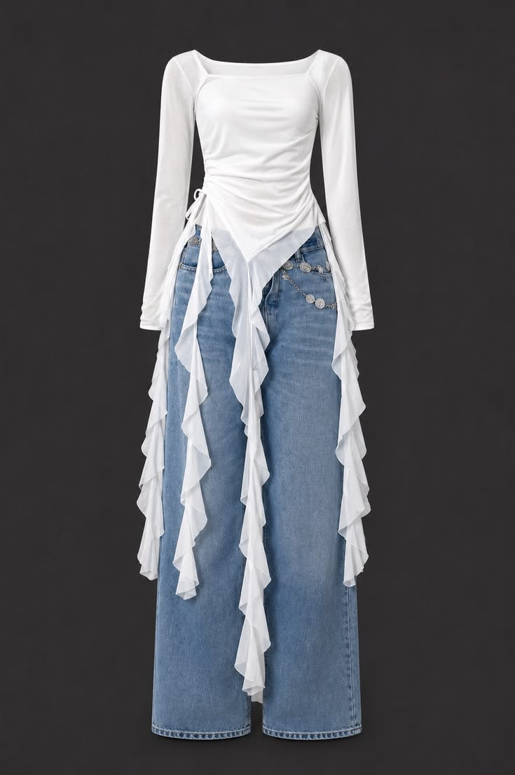 White Asymmetric Ruched Ruffle Top