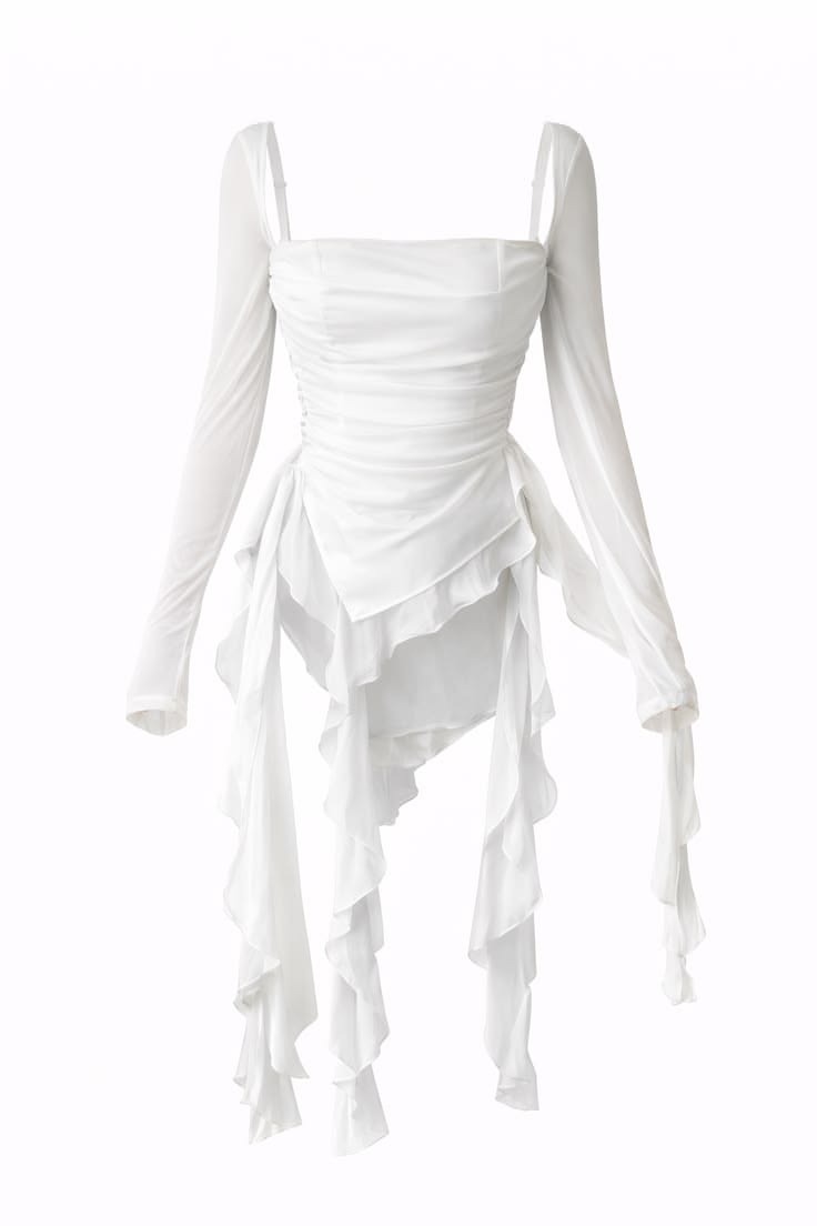 White Asymmetric Ruched Ruffle Top