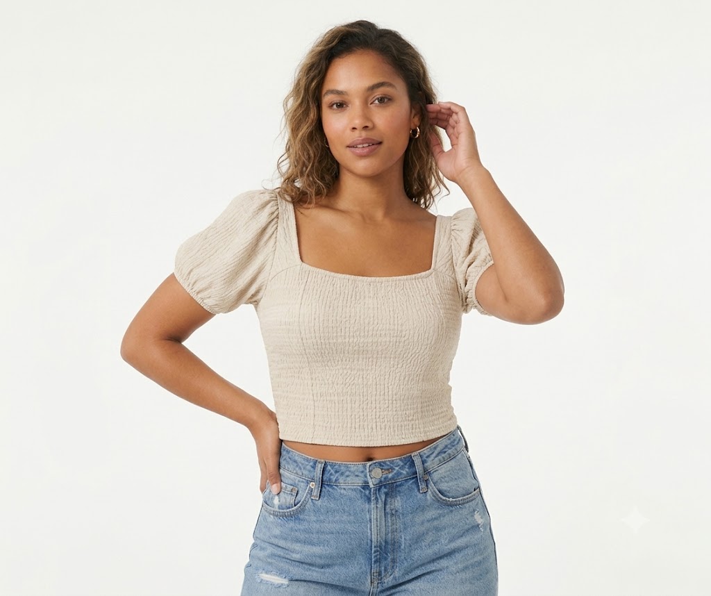 Beige Puff Sleeve Crop Top