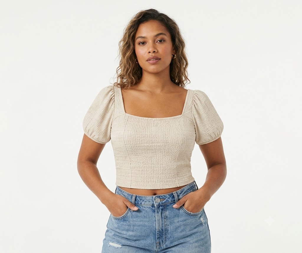 Beige Puff Sleeve Crop Top
