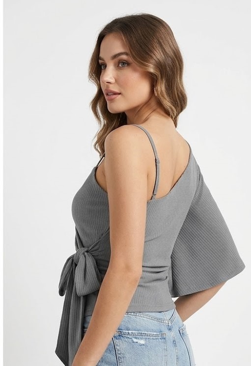 Grey Ribbed One Shoulder Wrap Top