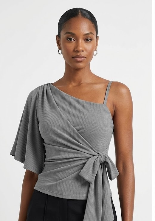 Grey Ribbed One Shoulder Wrap Top