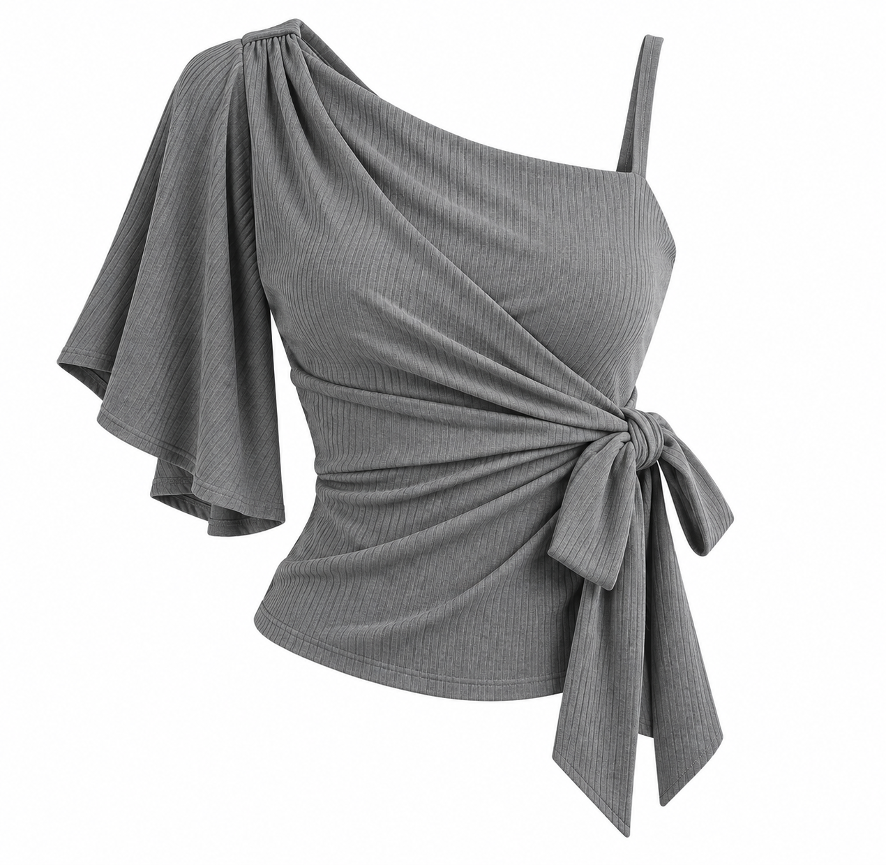Grey Ribbed One Shoulder Wrap Top