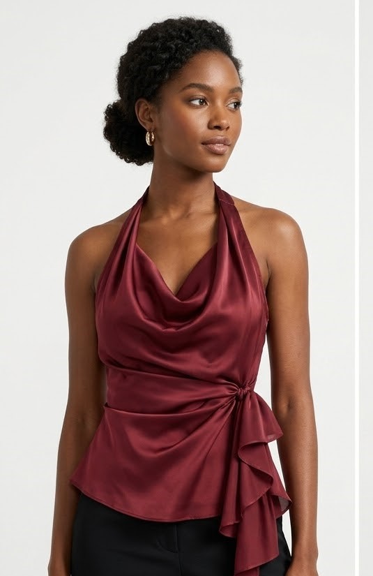 Burgundy Satin Bow Wrap Top