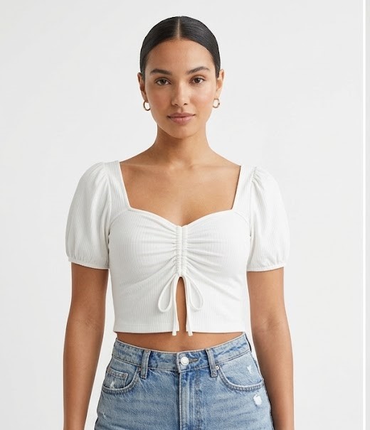 White Puff Sleeve Ruched Crop Top