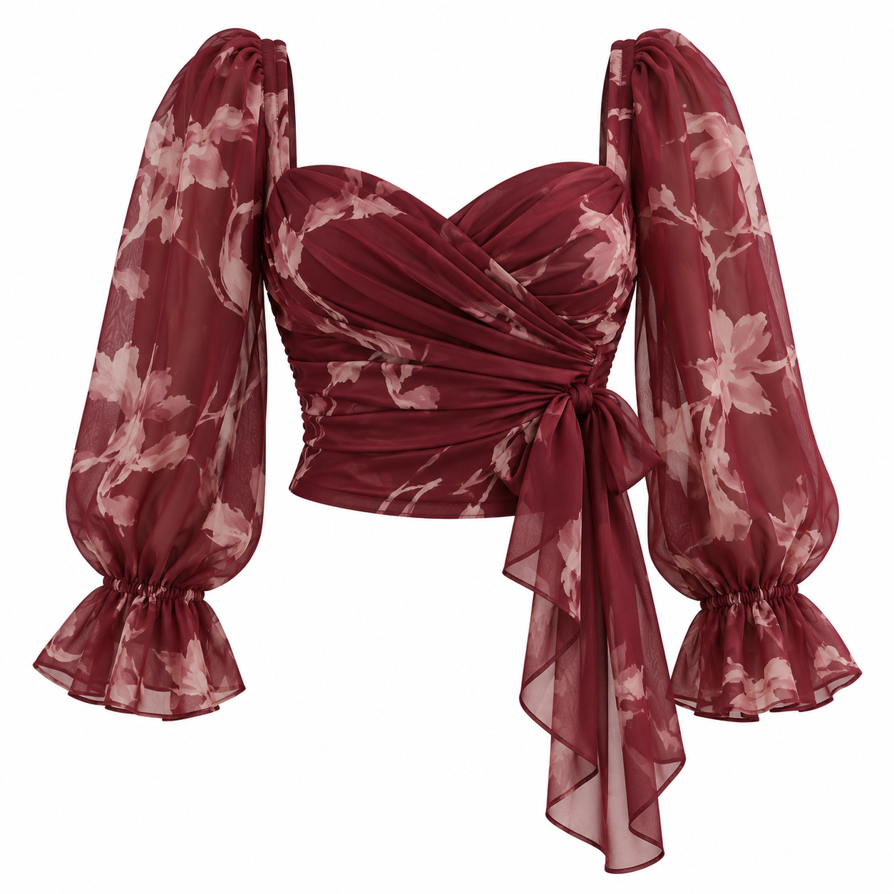 Burgundy Floral Sheer Sleeve Wrap Top