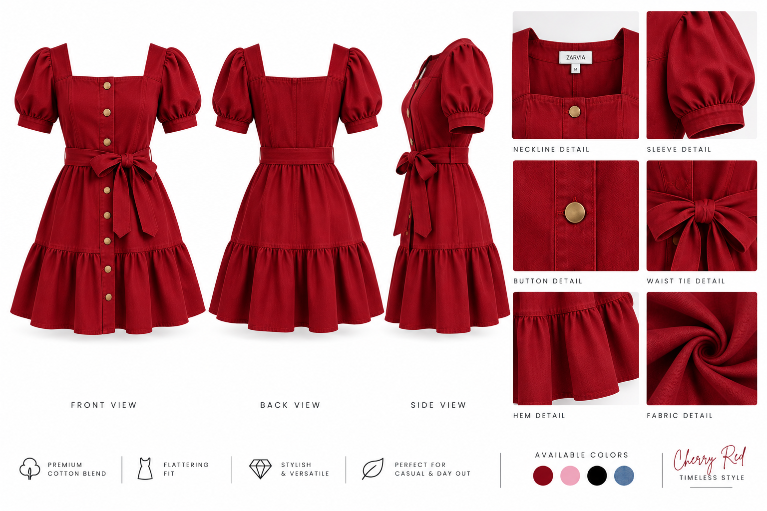 Red Puff Sleeve Button Front Dress