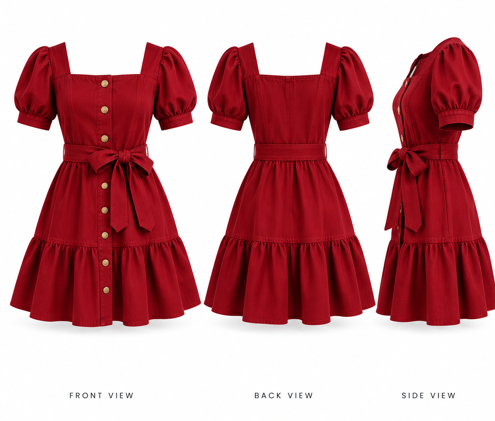 Red Puff Sleeve Button Front Dress