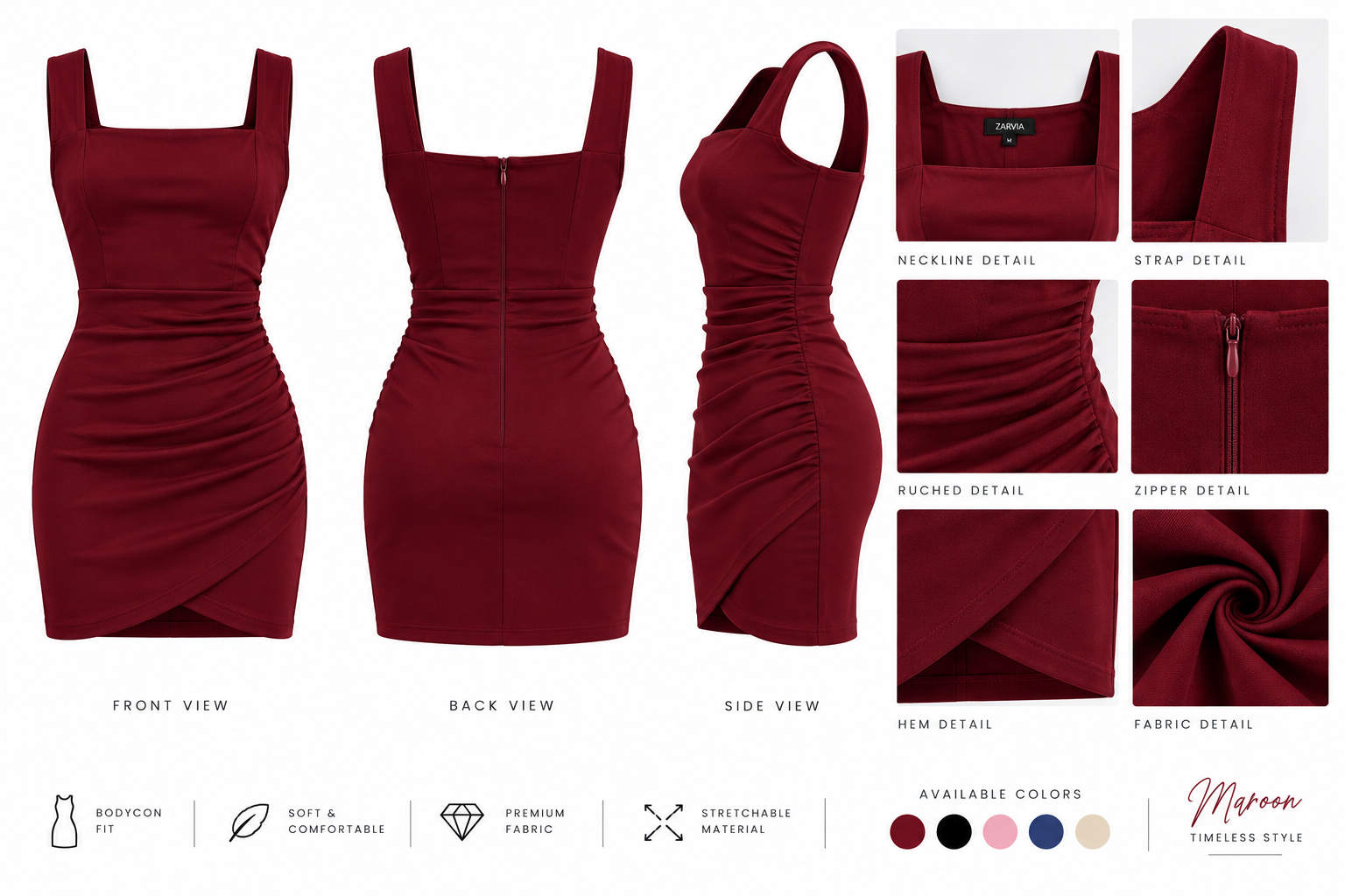 Burgundy Square Neck Ruched Mini Dress