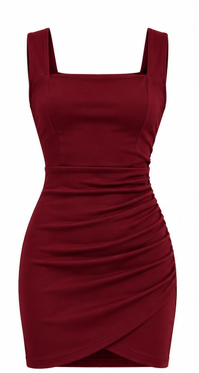 Burgundy Square Neck Ruched Mini Dress