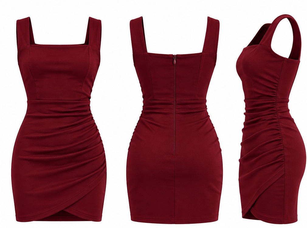Burgundy Square Neck Ruched Mini Dress