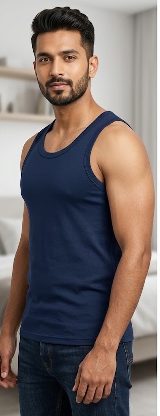 Men's Combed Cotton Ribbed Vest - Navy Blue