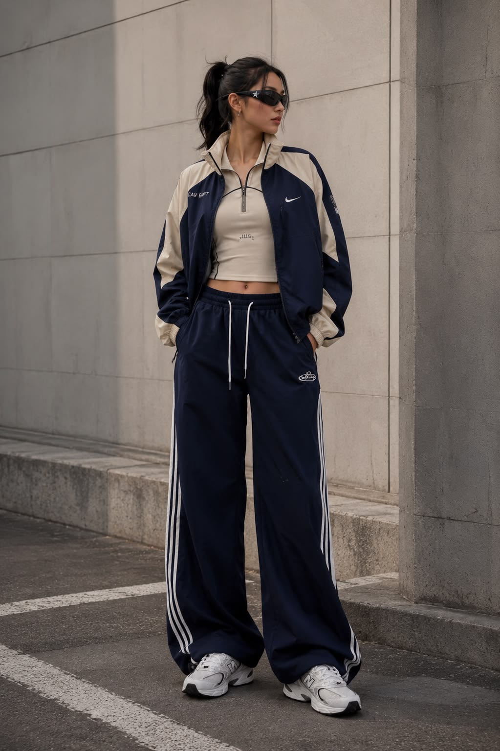 Women Navy Blue Contrast Stripe Wide Leg Trousers