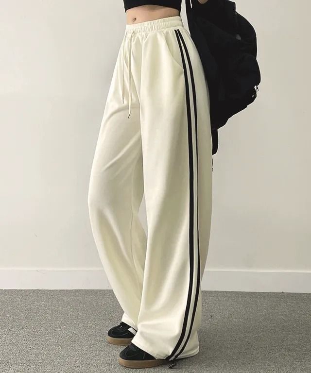 Women Ivory Double Stripe Wide Leg Trousers