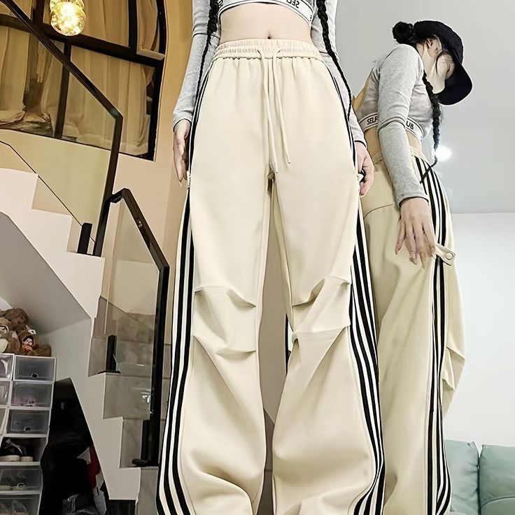 Women Ivory Double Stripe Wide Leg Trousers