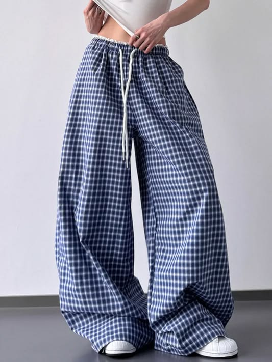 Women Navy Gingham Wide Leg Trousers