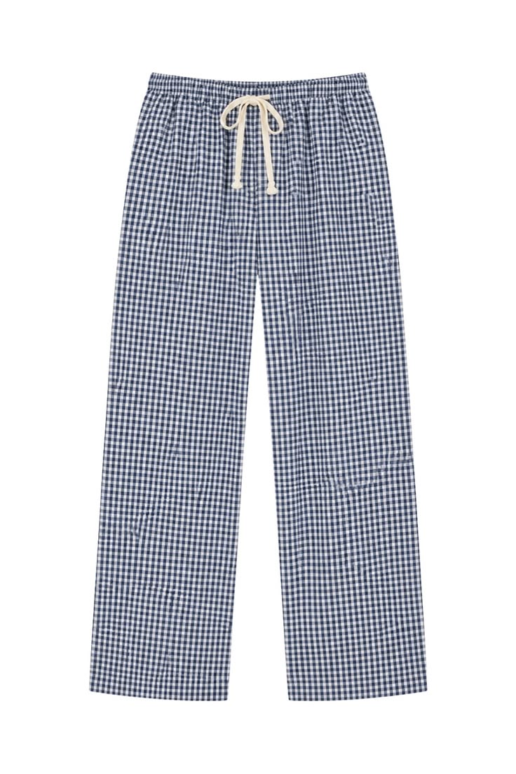 Women Navy Gingham Wide Leg Trousers