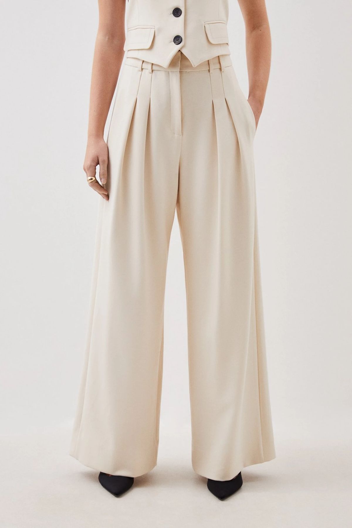 Women Beige High Waist Tailored Wide Leg Trousers