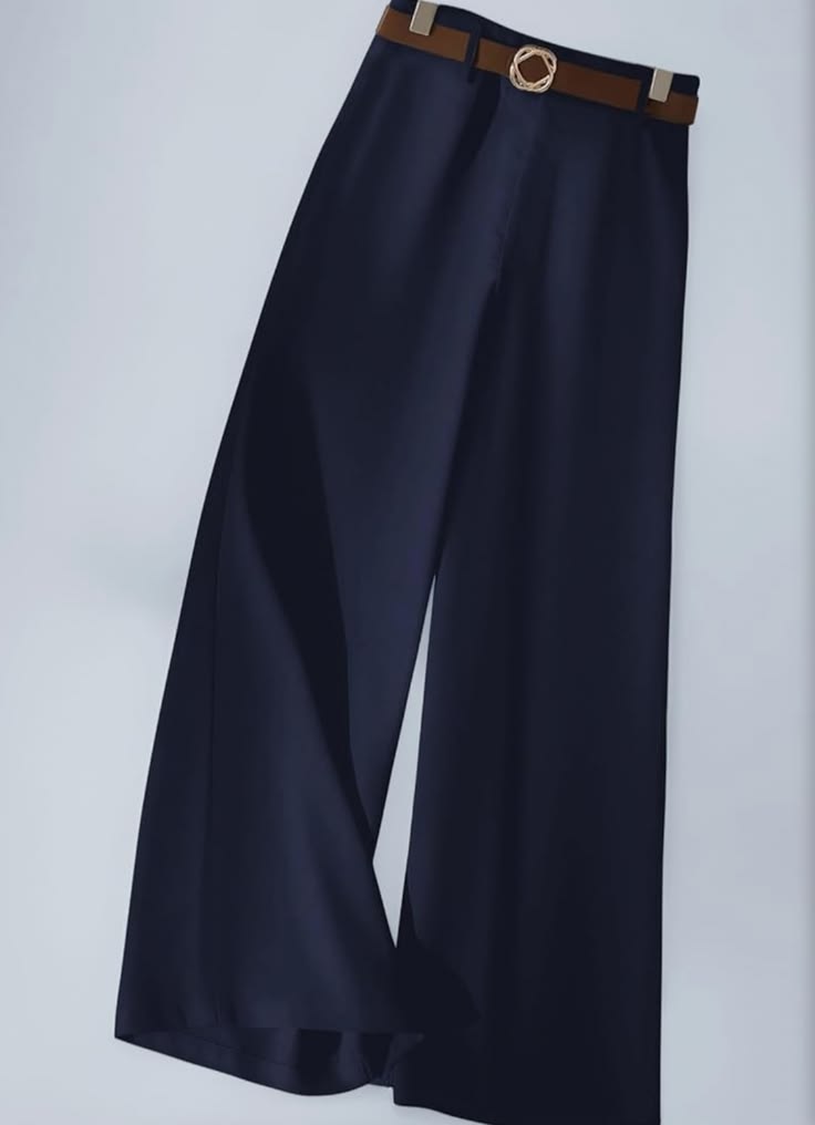 Women Navy Wide Leg Belt Detail Trousers