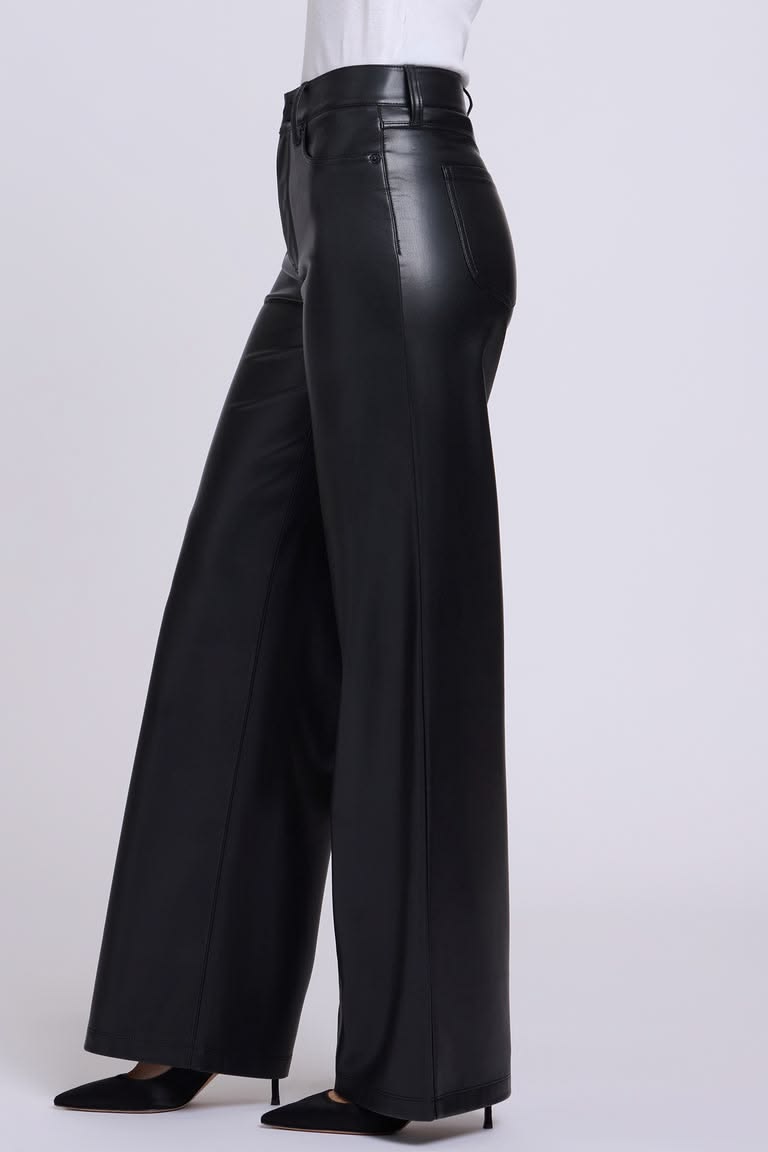 Women Black Faux Leather Wide Leg Trousers