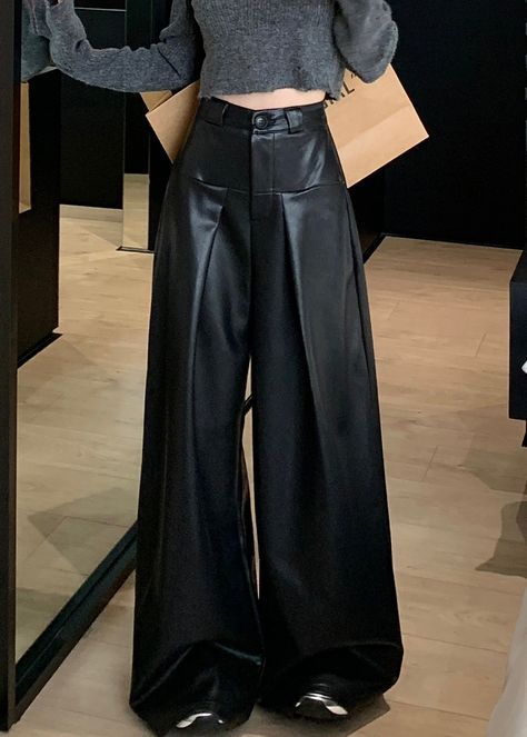 Women Black Faux Leather Wide Leg Trousers