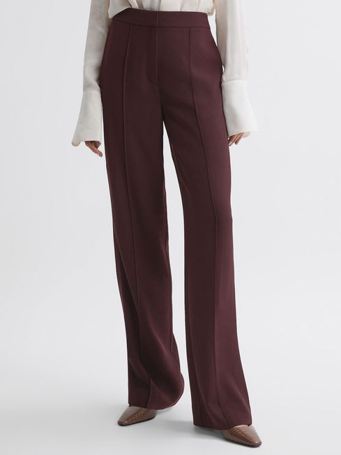 Women Burgundy Front Seam Wide Leg Trousers