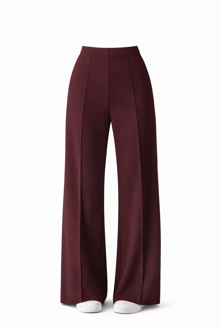 Women Burgundy Front Seam Wide Leg Trousers