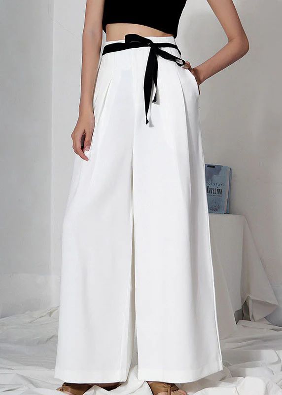 Women White Scarf Tie Wide Leg Trousers