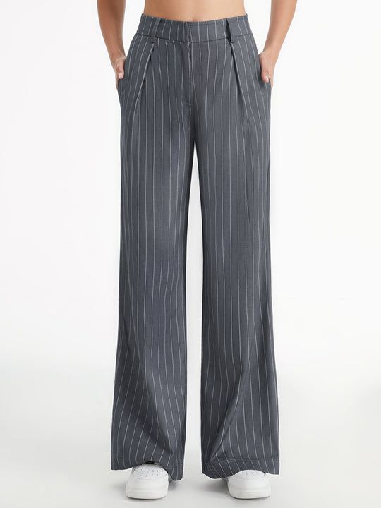Women Grey Pinstripe Wide Leg Trousers