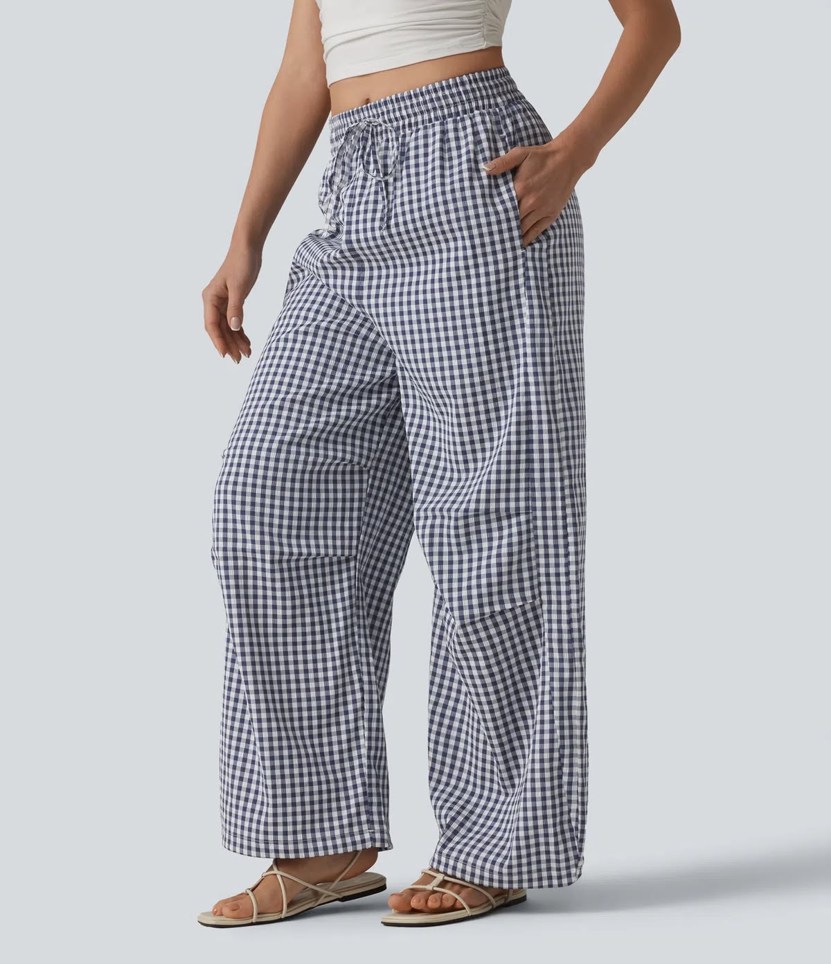 Women Blue Striped Drawstring Wide Leg Trousers