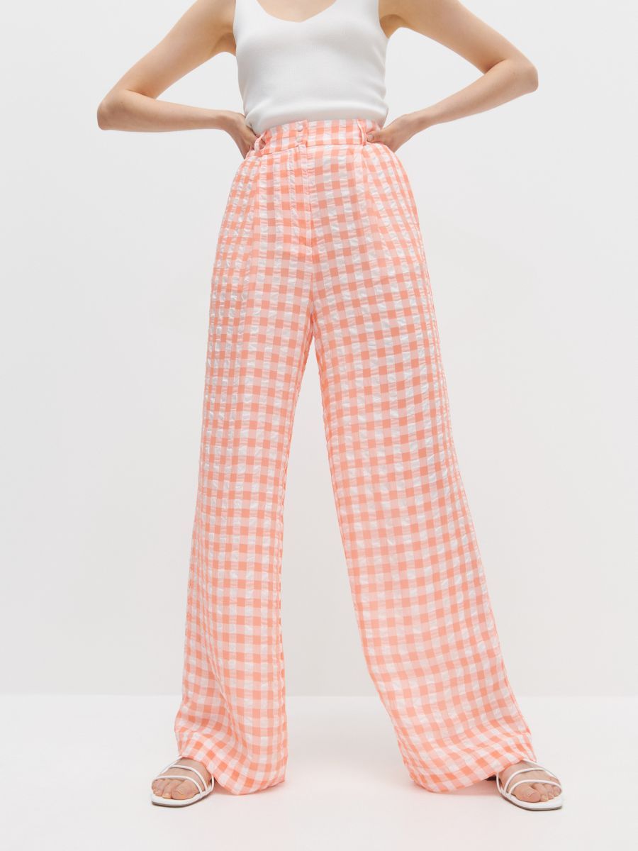 Women Pink Gingham Wide Leg Trousers