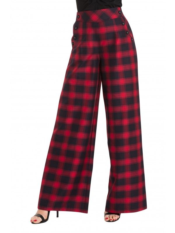 Women Red Black Plaid Wide Leg Trousers