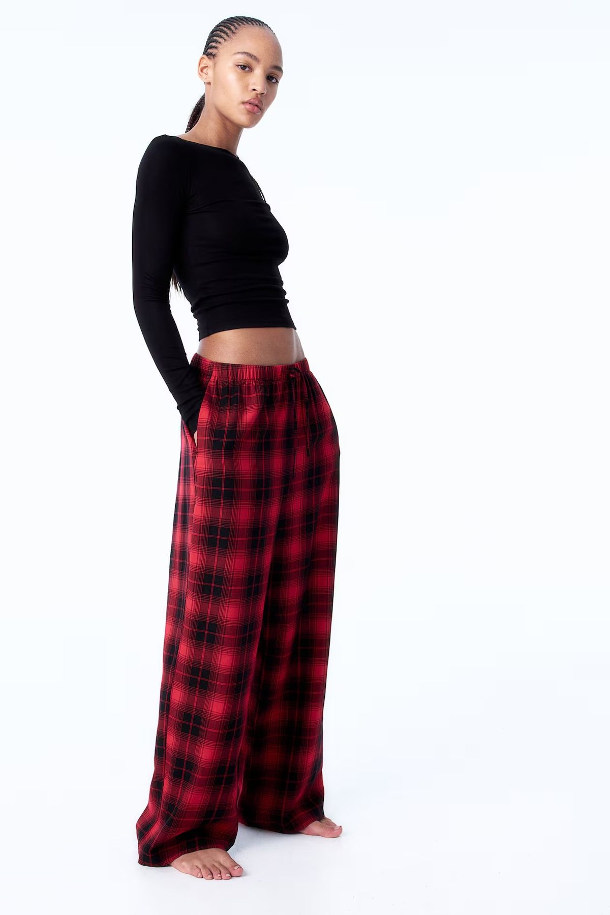 Women Red Black Plaid Wide Leg Trousers