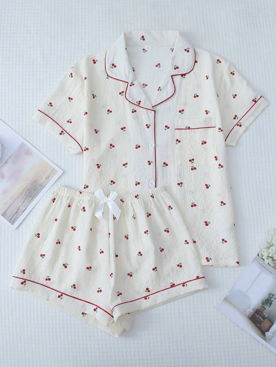 Women White Cherry Print Cotton Night Suit