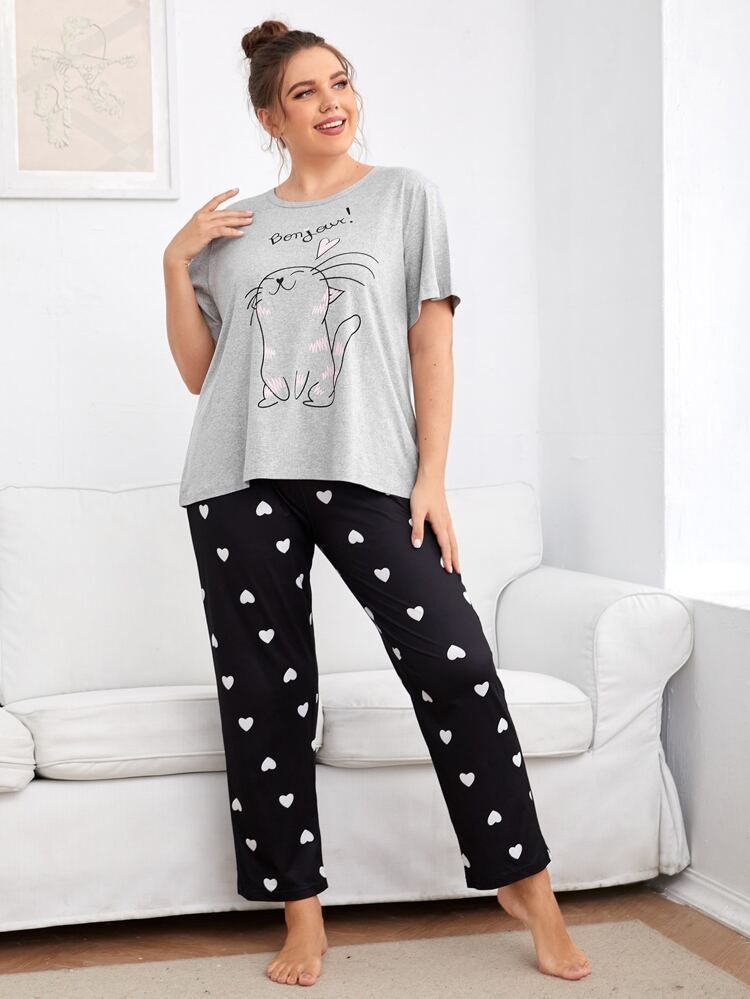 Women Grey Cat Print T-Shirt & Heart Pajama Set