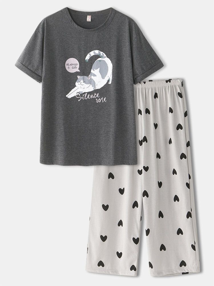 Women Grey Cat Print T-Shirt & Heart Pajama Set