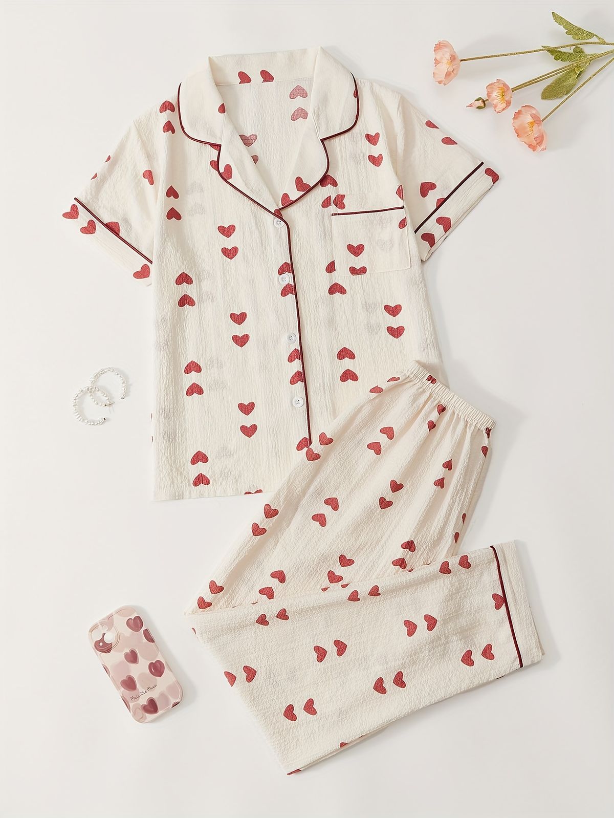 Women Cream Teddy Bear Print Pajama Set