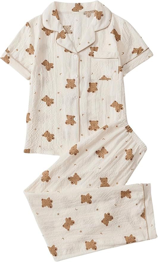 Women Cream Teddy Bear Print Pajama Set