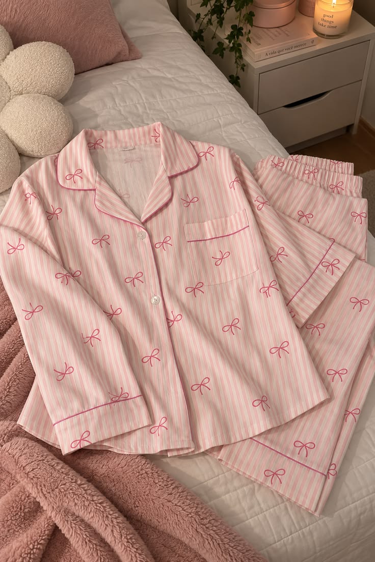 Women Pink Bow Stripe Full Sleeve Pajama Set