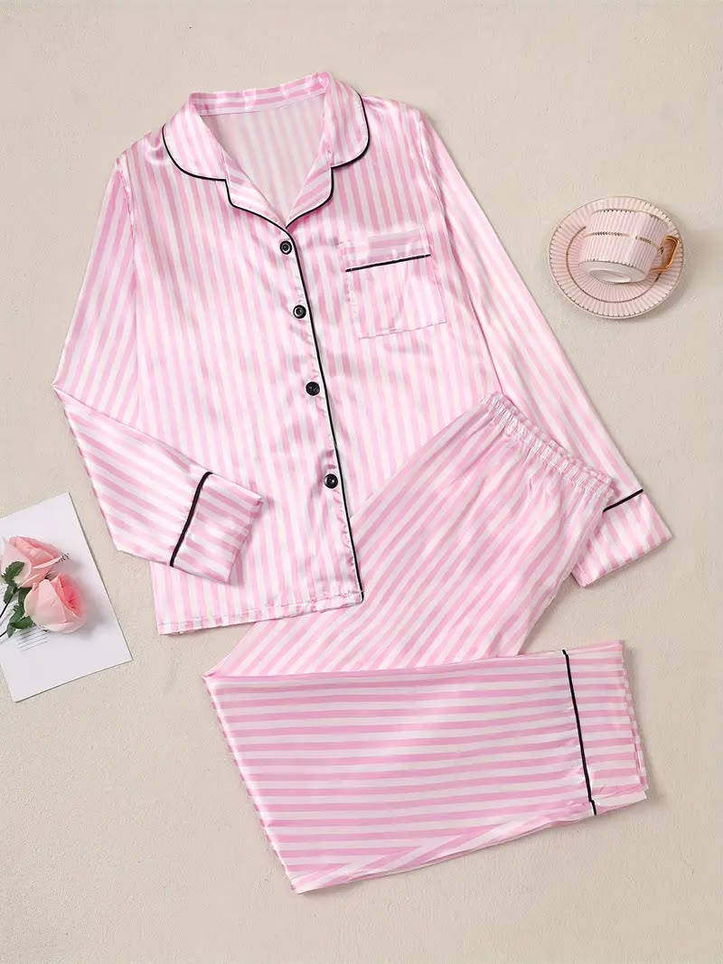 Women Pink Stripe 3 Piece Pajama Night Suit