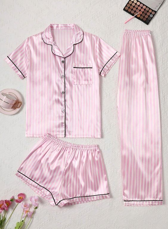 Women Pink Stripe 3 Piece Pajama Night Suit