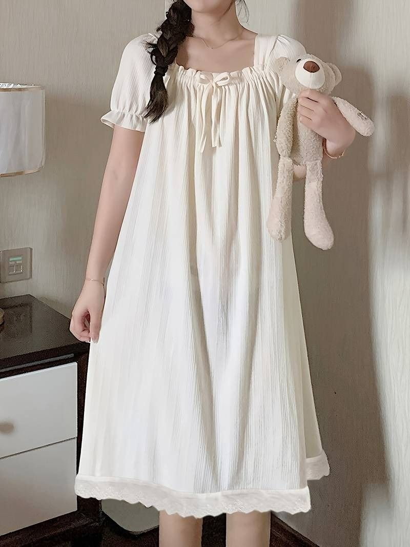 Women Cream Ruffle Cotton Nightdress