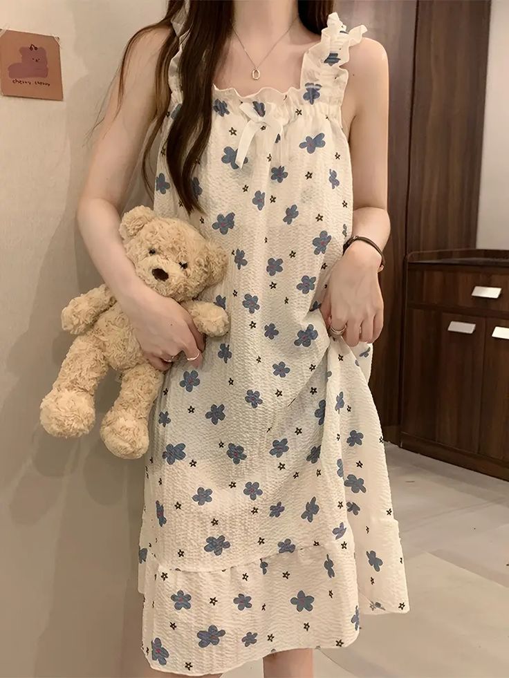 Women White Blue Floral Ruffle Nightdress