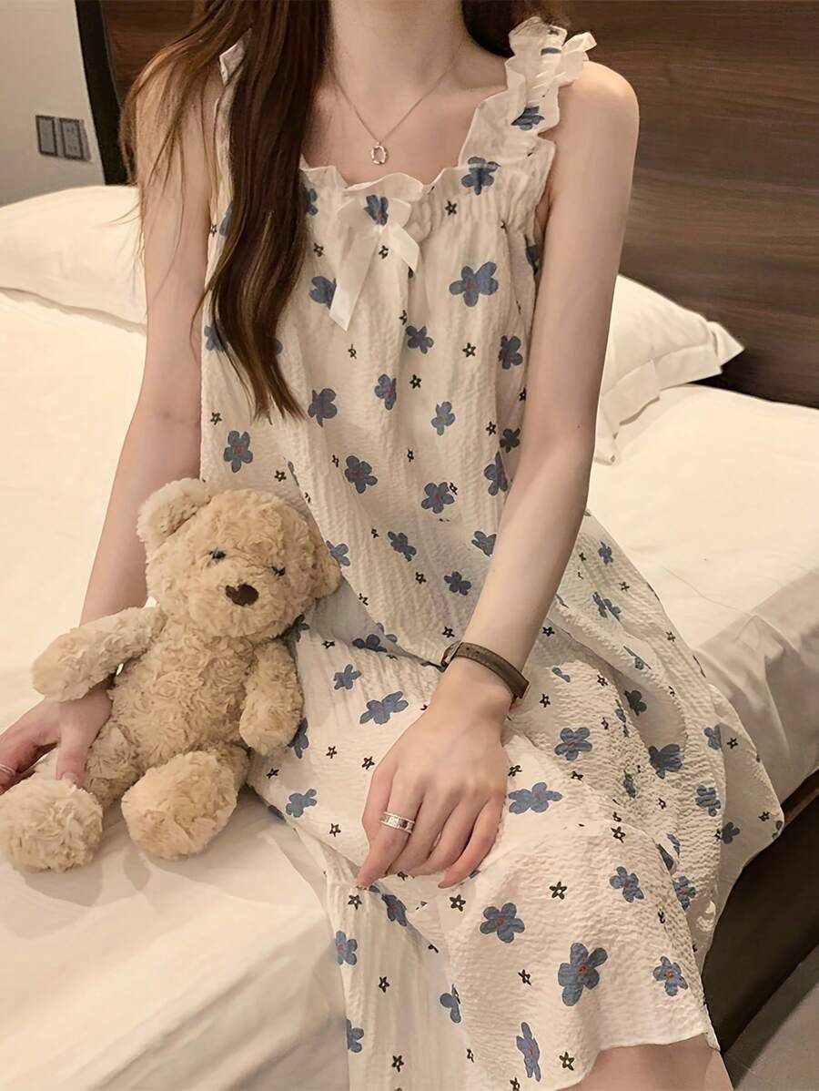 Women White Blue Floral Ruffle Nightdress